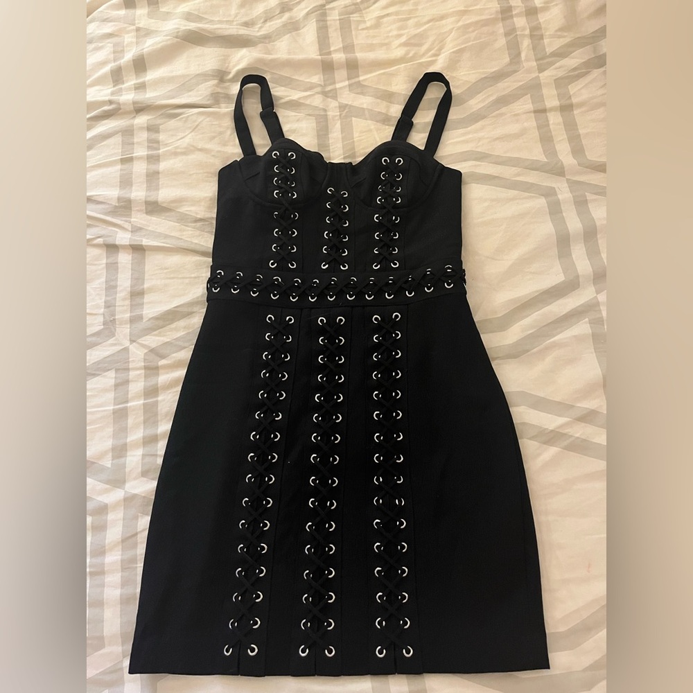 bebe x NAVEN Black Lace-Up Mini Dress